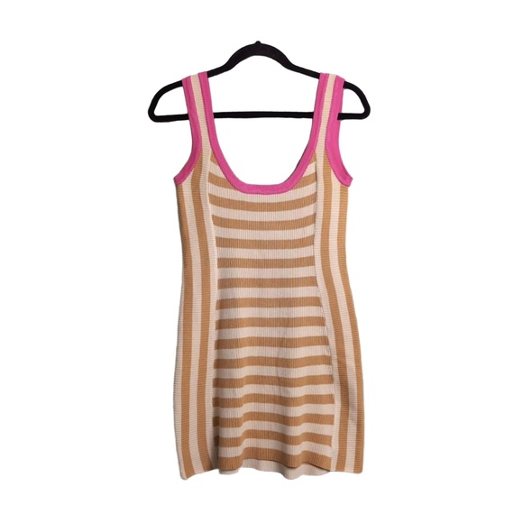 VRG GRL Meet Me in Capri Mini Dress Tan Striped Ribbed Knit Sleeveless Bodycon S - Picture 1 of 9